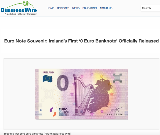 BusinessWire new 0 euro banknote souvenir from Ireland with celtic harp