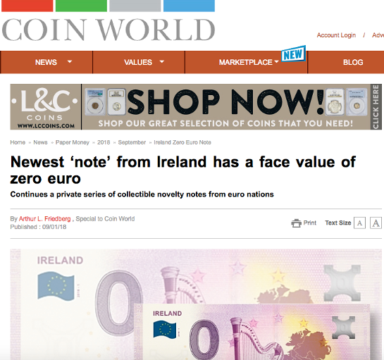 coin world new 0 euro banknote souvenir from Ireland with celtic harp