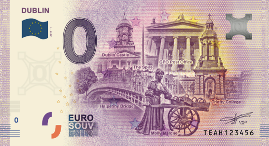 0 euro banknote note souvenir ireland zero 0 euro Nulleuroschein billet touristique dublin souvenir molly malone the spire dublin castle gpo ha'penny bridge trinity college