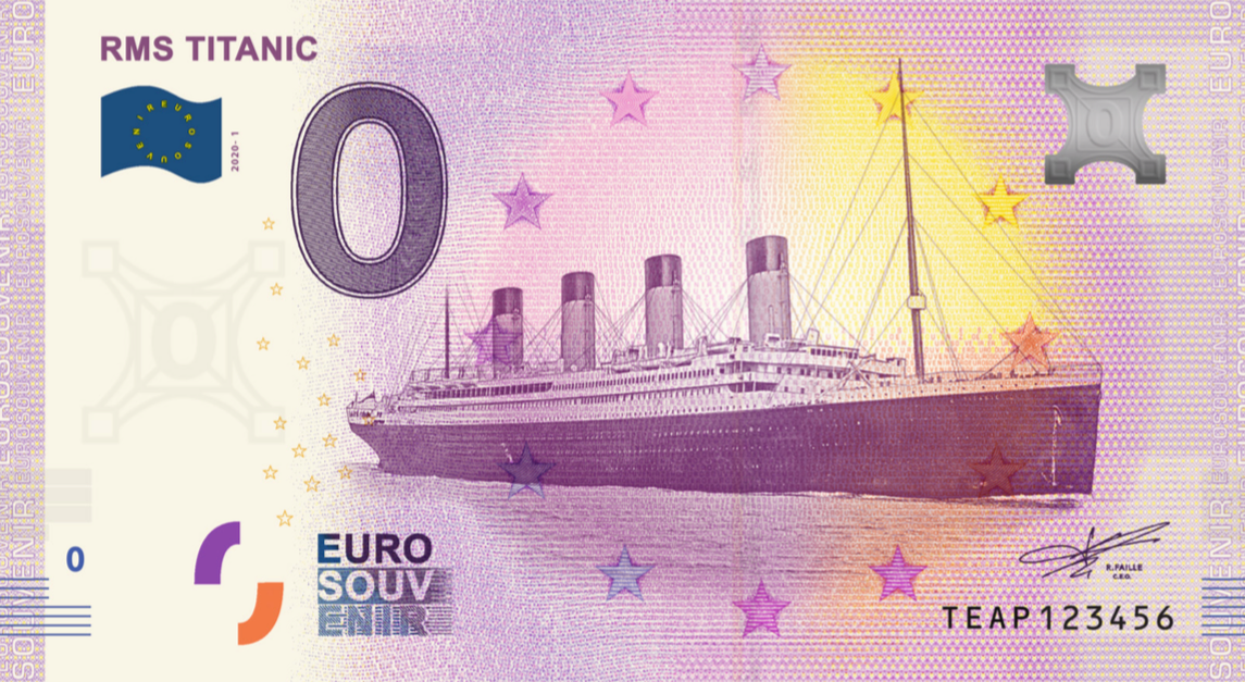 RMS Titanic on a 0 Euro Souvenir note. for fans, collectors. Irish heritage on souvenir banknotes