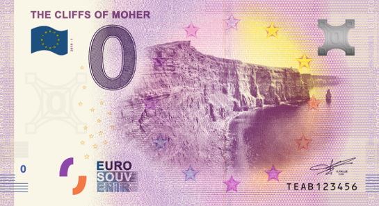0 euro banknote note souvenir ireland zero 0 euro Nulleuroschein billet touristique cliffs of moher