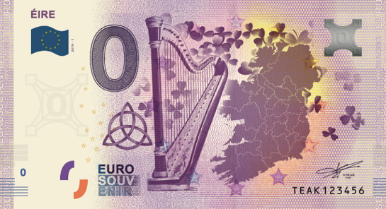0 euro banknote note souvenir ireland zero 0 euro Nulleuroschein billet touristique eire souvenir celtic harp shamrock trinity knot
