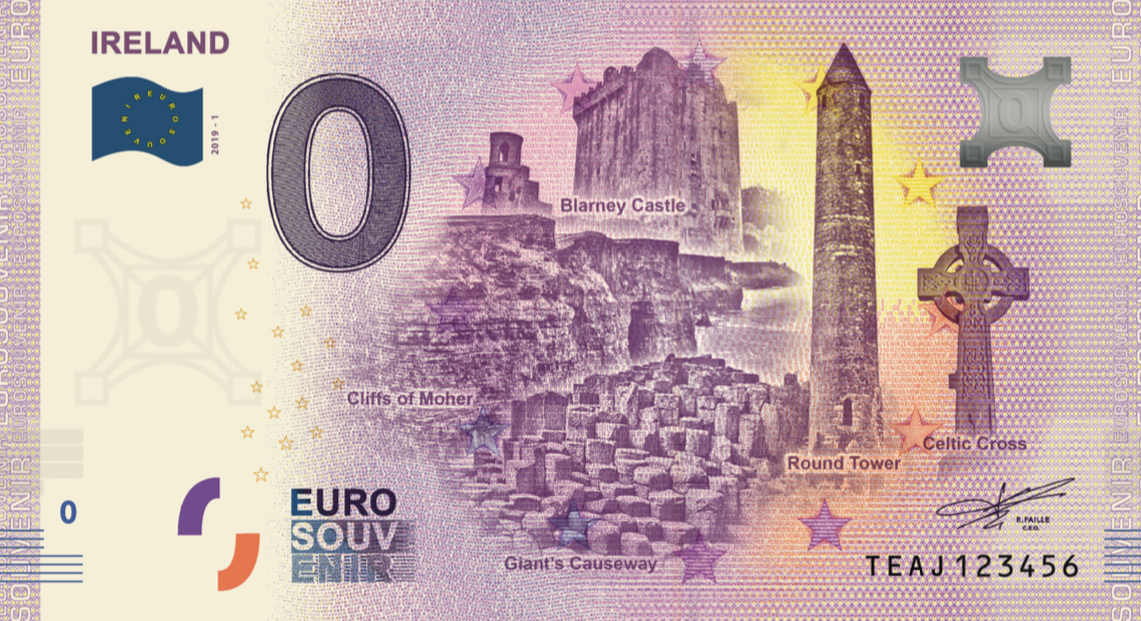 zero 0 euro souvenir banknote Ireland souvenirschein Blarney Castle Cliffs of Moher Giant’s Causeway Round Tower Celtic Cross